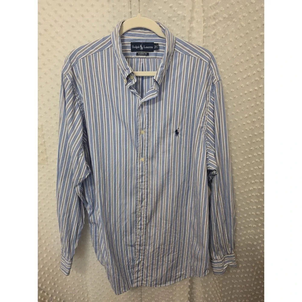 Ralph Lauren Polo Dress Shirt Classic Fit Mens Size 17 Blue and White Stripes